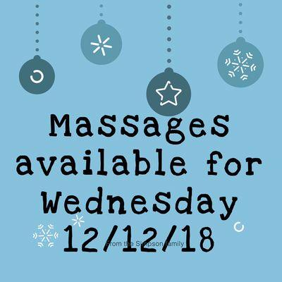 Reference this and you get $10 off your massage if booked by 12/9/18.