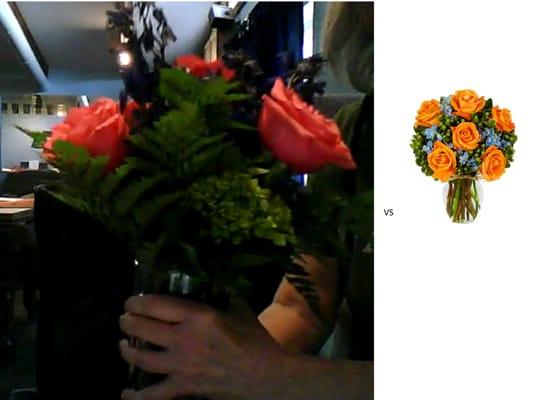 What we got vs. what was ordered. Nothing about this bouquet is correct, except that it has roses, which are the wrong color.