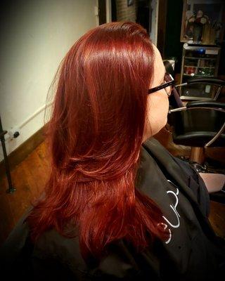 red this pure with a little hit of copper..... Hair by Steve.