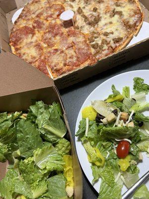 Large 1/2 pepperoni 1/2 Italian sausage St Louis style pizza & a Large House Salad