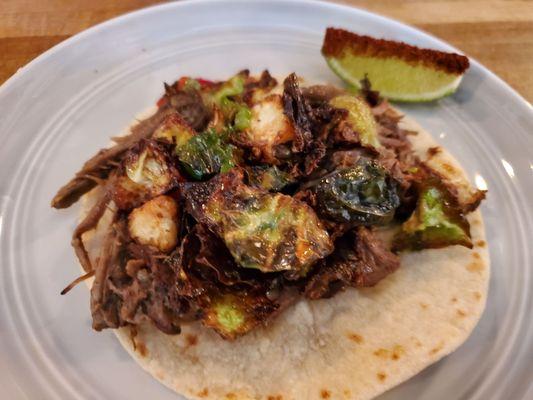 Short rib with fried Brussel sprouts taco. - Culinary Magic!