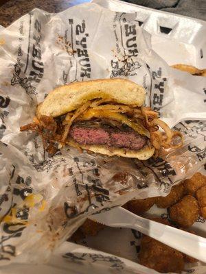 Ordered a well done Old Time A1 burger. Not so well done Hueys. Since it was takeout not much I could do about the raw part.