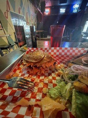 That's suppose to be a Ruben.  I took the top off.  Super tasty, but about a third of the meat a Ruben deserves.