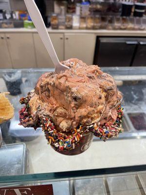 Rainbow sprinkle waffle cone and gotta love it.