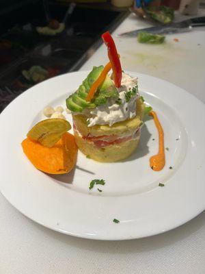 Causa limeña ( Lima cause stuffed with chicken )