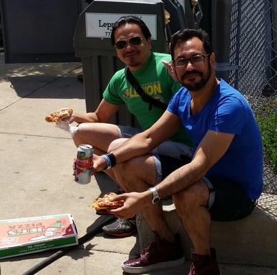 Luis & Pablo & BBQ Chicken pizza from Jet's Pizza, fueling up for partying at 30th Annual Belmont-Sheffield Music Fest - 2014