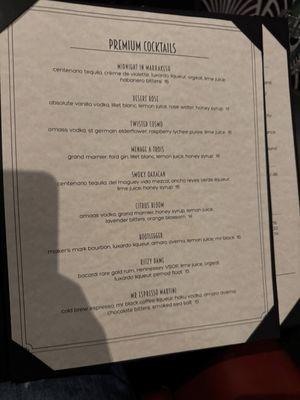 Premium Cocktails Menu