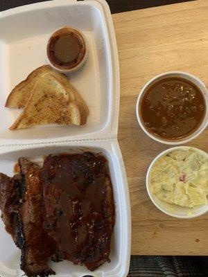 Brisket, pork steak, beans and potato salad!