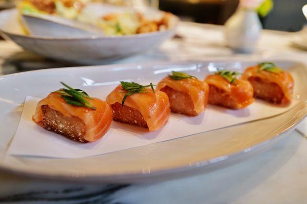 Sea trout sushi over crispy rice