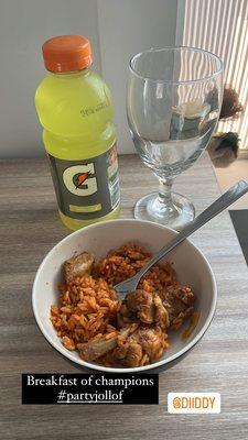 Breakfast after a great night! Leftovers for the win! Jollof and Gatorade is the cure apparently