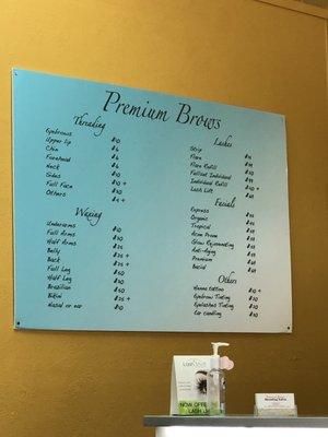 Menu with prices