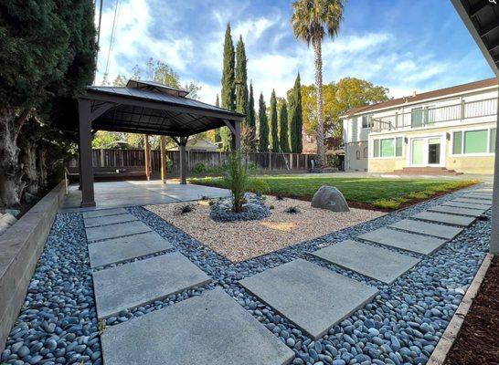 Backyard Landscape with pergola, rocks, concrete steppers and sod.