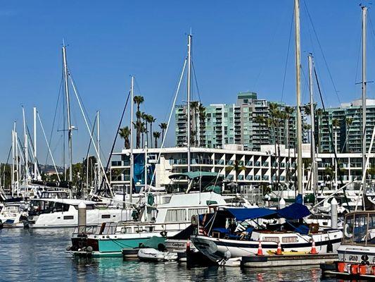 We could clearly see our 2nd floor corner suite at the Marina Del Rey Hotel across the water.