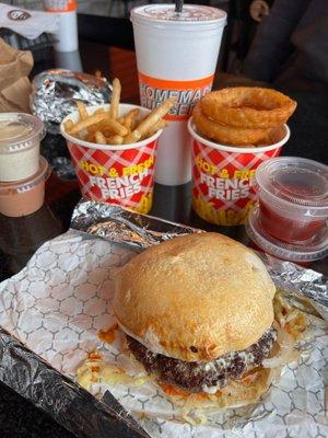 11/11 Burger with fries and onion rings