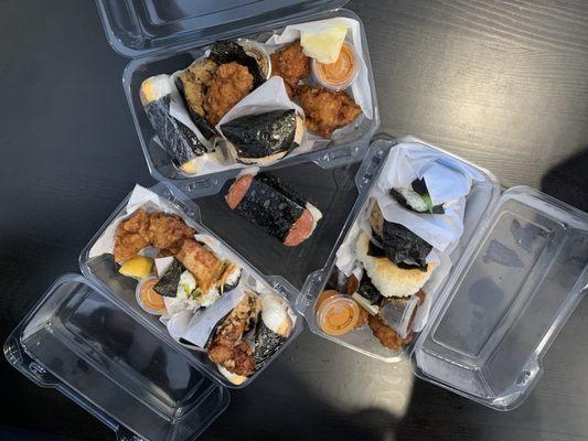 Our order! Large combo with 3 onigiris and karaage and spam musubi