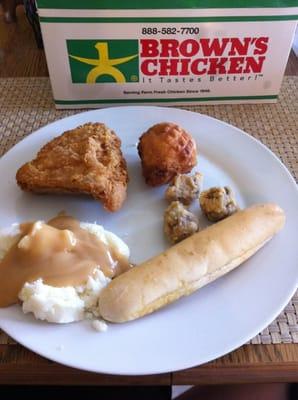 Chicken thigh, corn fritter, breaded mushrooms, "biscuit", and mashed potatoes with gravy. Yum!