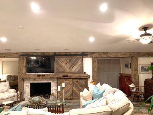 Combo Builds - Hand Hewn Beam Wrap Around and Solid Mantel with reclaimed panel tv cover and cabinet