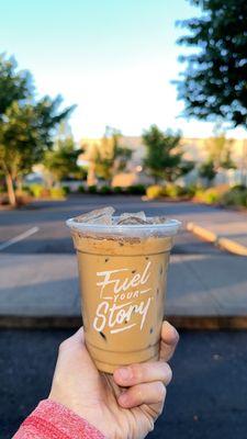 Iced americano w/ BLONDIE flavors, oat milk & cinnamon powder