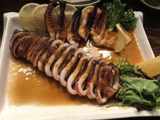 Whole grilled squid with Japanese Mayo and house ginger squid sauce. Ours great with Sake!