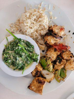 Chicken Kabob with Rice Pilaf and Creamed Spinach