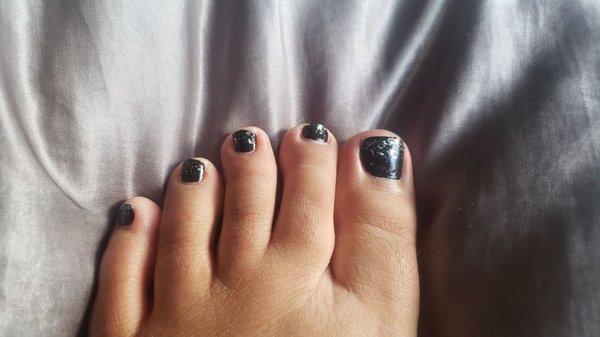 Left foot pedi: black with silver glitter