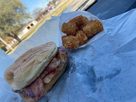 Double bacon  cheese  burger with tater tots