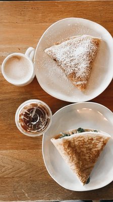 Super Spinach Crepe, Raspberry Lemon Sugar Crepe, Iced Oatmilk Vanilla Latte, Hot Hazulnut Oatmilk Latte