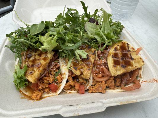 Chicken and waffle tacos - really good but less onion slaw would make it less soggy.