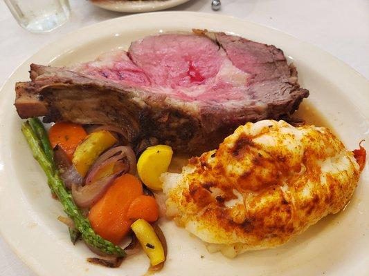 Prime Rib with Lobster Tail and grilled veggies