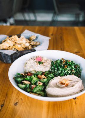 Combination Platter - A great vegan entrée or perfect for sharing! Includes hommus, tabbouleh, fattoush, baba ghannouge. (vegan, soy-free)