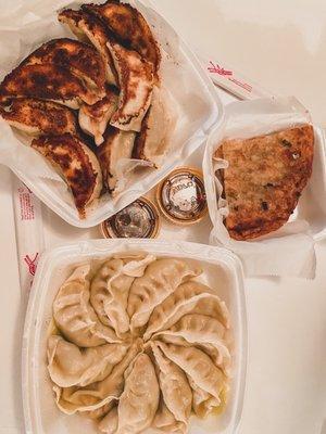 Chicken steamed dumplings, beef fried dumplings, fried onion cake