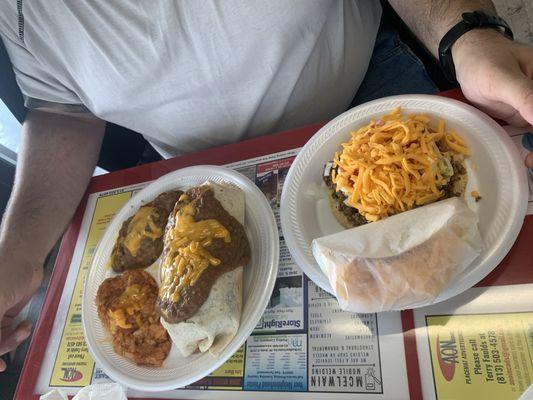 Combo platter- wet burrito, hard taco, tostada, rice & beans. Good deal for the price.