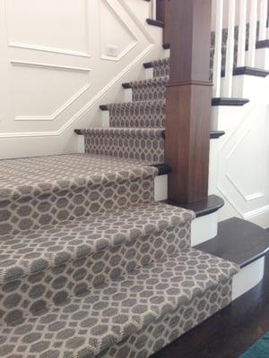 Stair runner, installed by the Carpet Workroom. They matched the pattern beautifully and it is perfectly even. Very Happy!