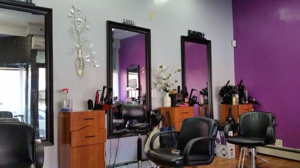 Stylist stations at Dyvine Essence. The new color pallette is very calming.