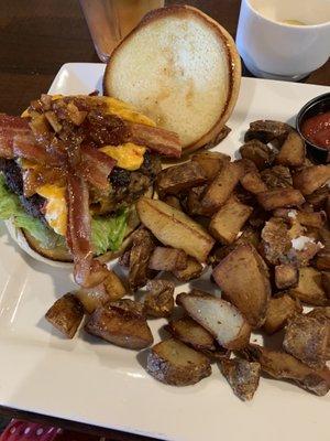 Bacon, pimento cheese burger with fries