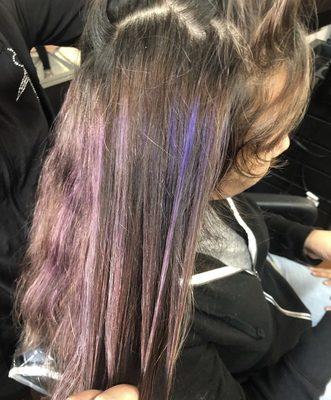 This client had purple hair that was months old and tuff to get out , but we made it happen . Here are before and after pictures .