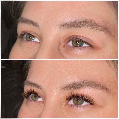 Top: Before
Bottom: After, Brown Classic Wet Style Eyelash Extensions, LU curl