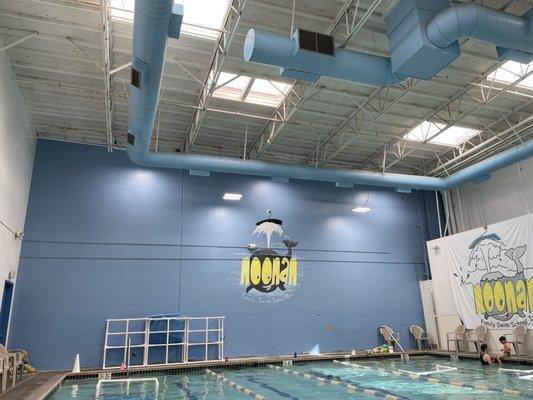 Inside: looking at the high ceilings above the pool