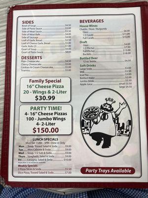 Back page of the menu