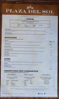 The first page of the menu lists lunch, appetizers, soups and combinations.