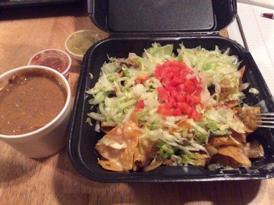 Take out - Veggie nachos with a side of beans. Yum!