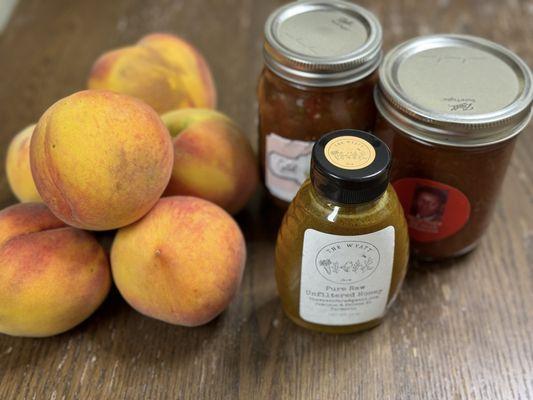 Peaches from pierce farms, honey from the Wyatt farm, salsa from Greathouse, and bbq sauce from Willie Fred's Que Sauce