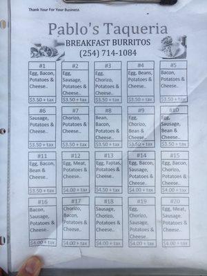 Breakfast menu