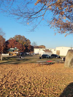 View of the stand and the market, from the picnic tables