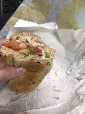 Multigrain wheat bread with oven roasted turkey, lettuce, tomato, jalapeños and mayo.