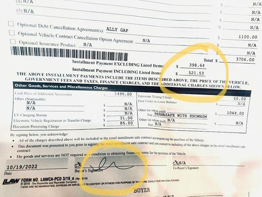 They forged my signature, changed the dates that I was even there and changed the finance amount as well as the monthly payments. Scam artis