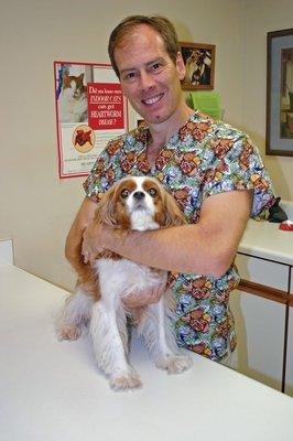 Dr. Shawn and his King Charles Cavalier Spaniel Rita. She's a "mature citizen" who has congestive heart failure but is mainta...