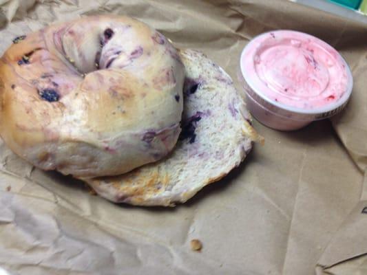 Blueberry bagel with strawberry cream cheese