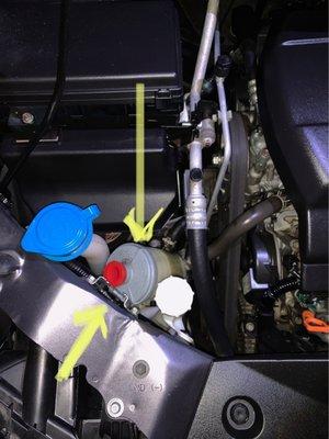 The power steering reservoir, shoved down between hoses and clearly not held in place.