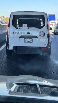 Back of van the cut us off on Saturday, August 27, 2022. Only one break light was working & already damaged on back left.